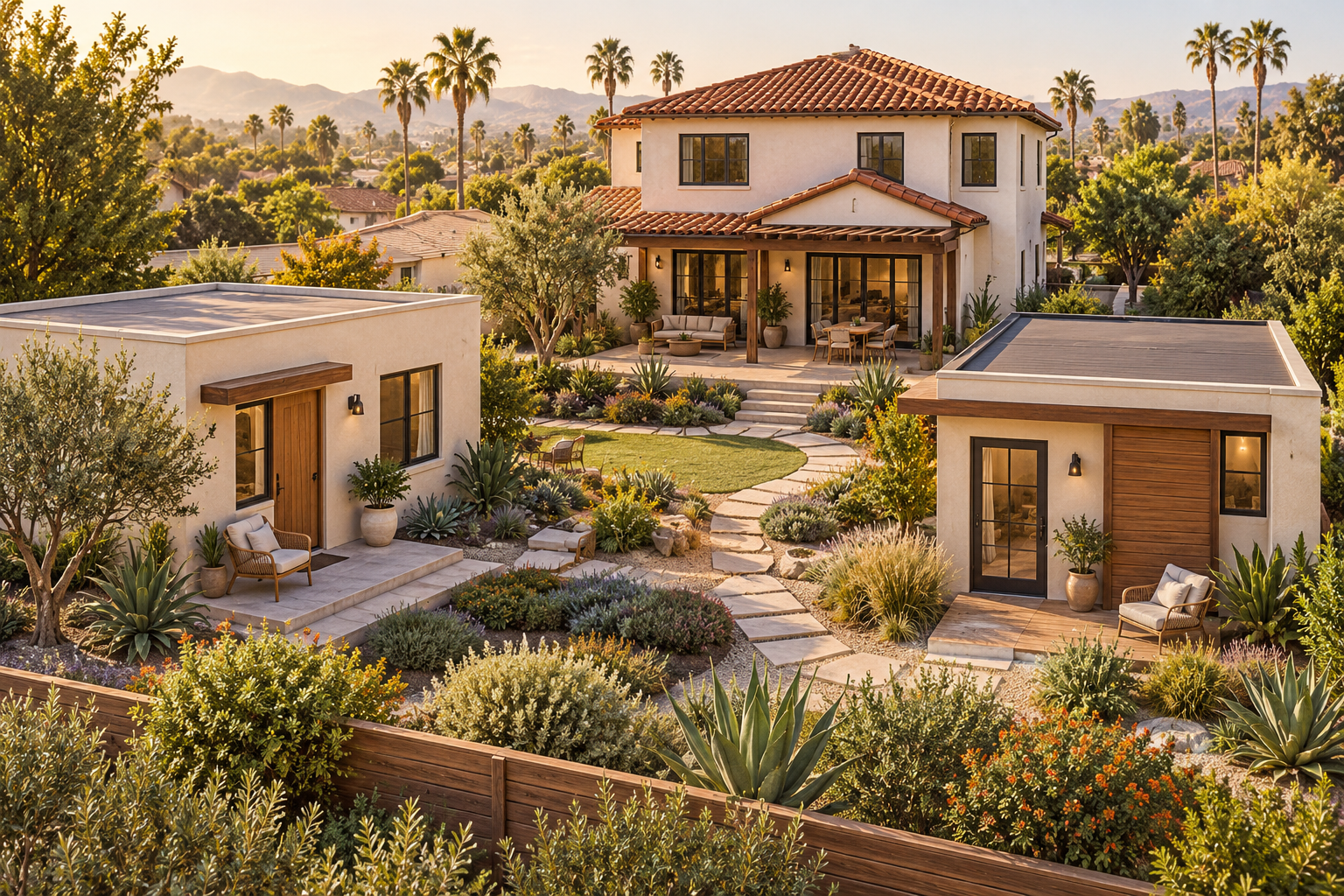Conceptual illustration of a Southern California-style home with two separate backyard dwellings and landscaped paths.