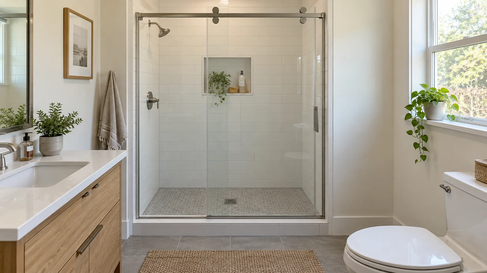 AI design concept of a compact alcove shower with a low tiled curb, sliding glass panels, a wall niche and a point drain in a mosaic floor.