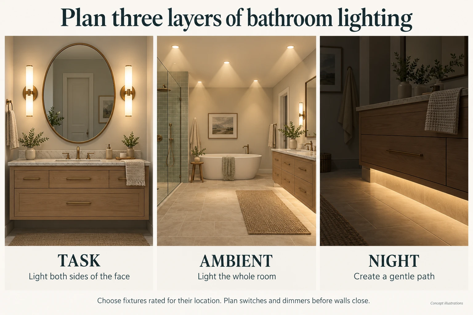 Three bathroom lighting concepts: sconces beside a mirror for task lighting, ceiling lights for ambient lighting, and soft under-vanity lighting for a night path.