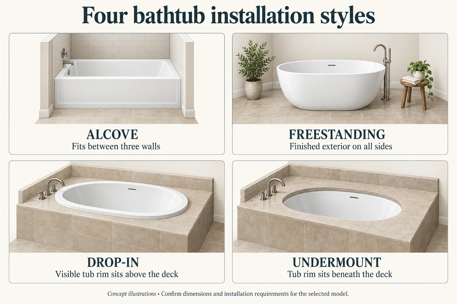 Four bathtub installation concepts: an alcove between three walls, a freestanding tub, a drop-in rim above the deck, and an undermount rim below the deck.