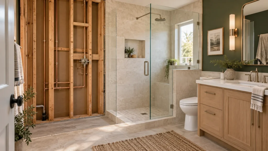 Open framing beside a finished shower and vanity in an AI bathroom concept.
