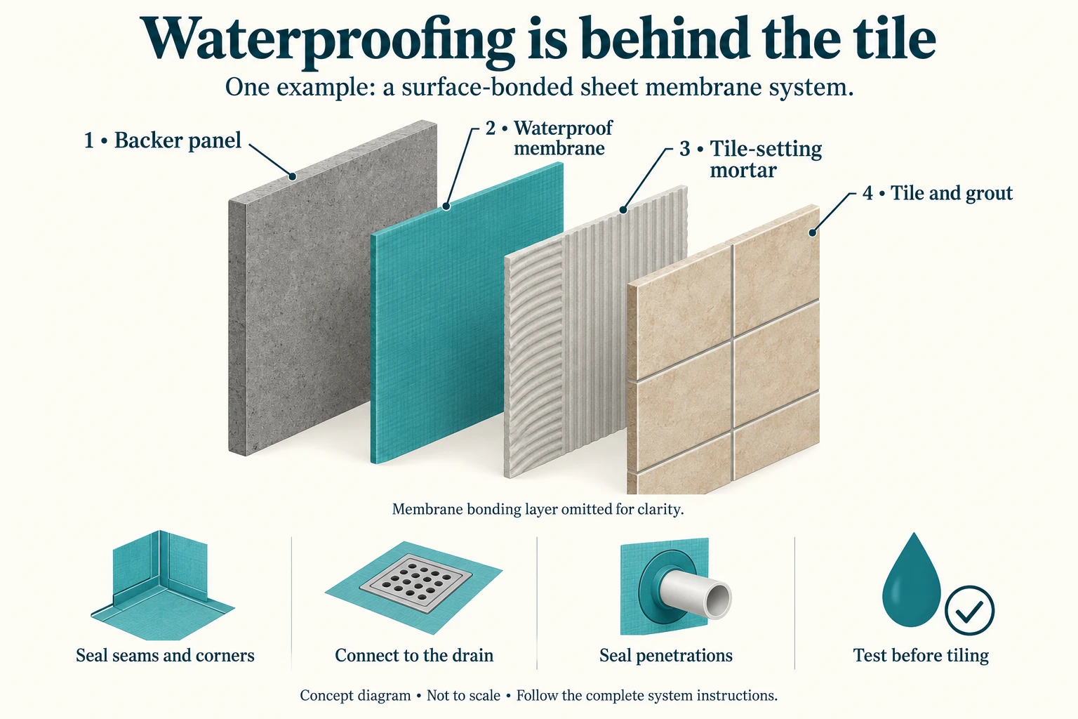 Exploded concept of a surface-bonded shower wall: backer panel, waterproof membrane, tile-setting mortar, and tile with grout; seams, drains and pipe openings need system-specific connections.