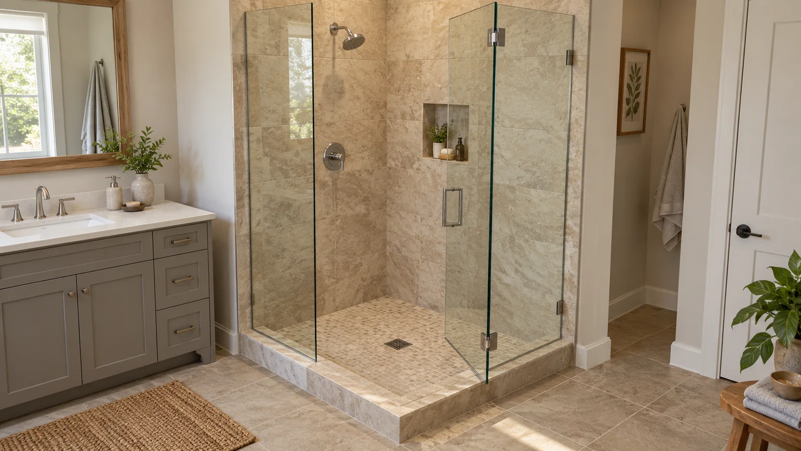 AI design concept of a warm stone-look corner shower with a low tiled curb, clear glass enclosure, hinged door, point drain and adjacent vanity.