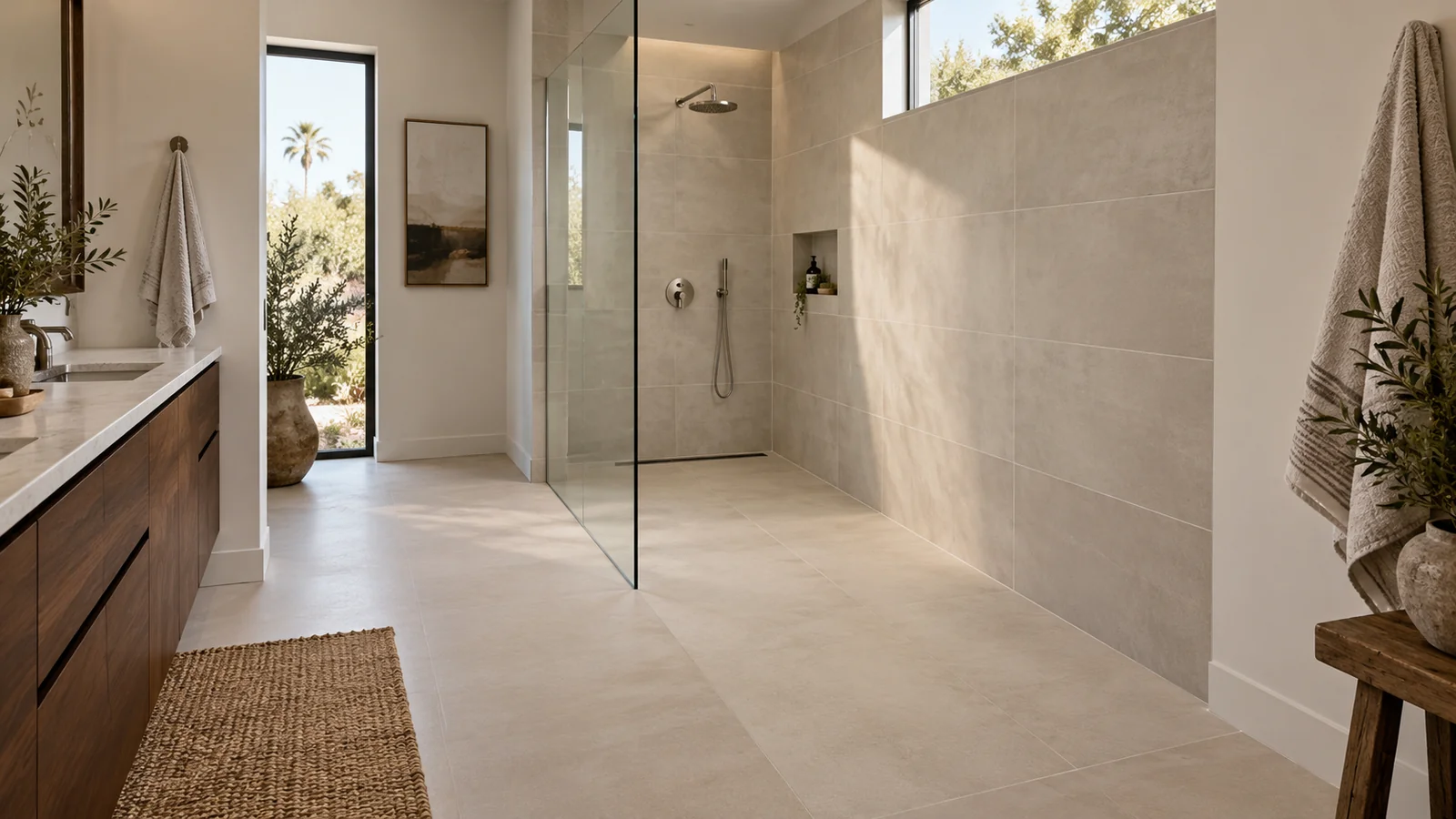 AI design concept of a deep curbless shower with a flush open entry, fixed glass screen, rear linear drain and dry bathroom floor.