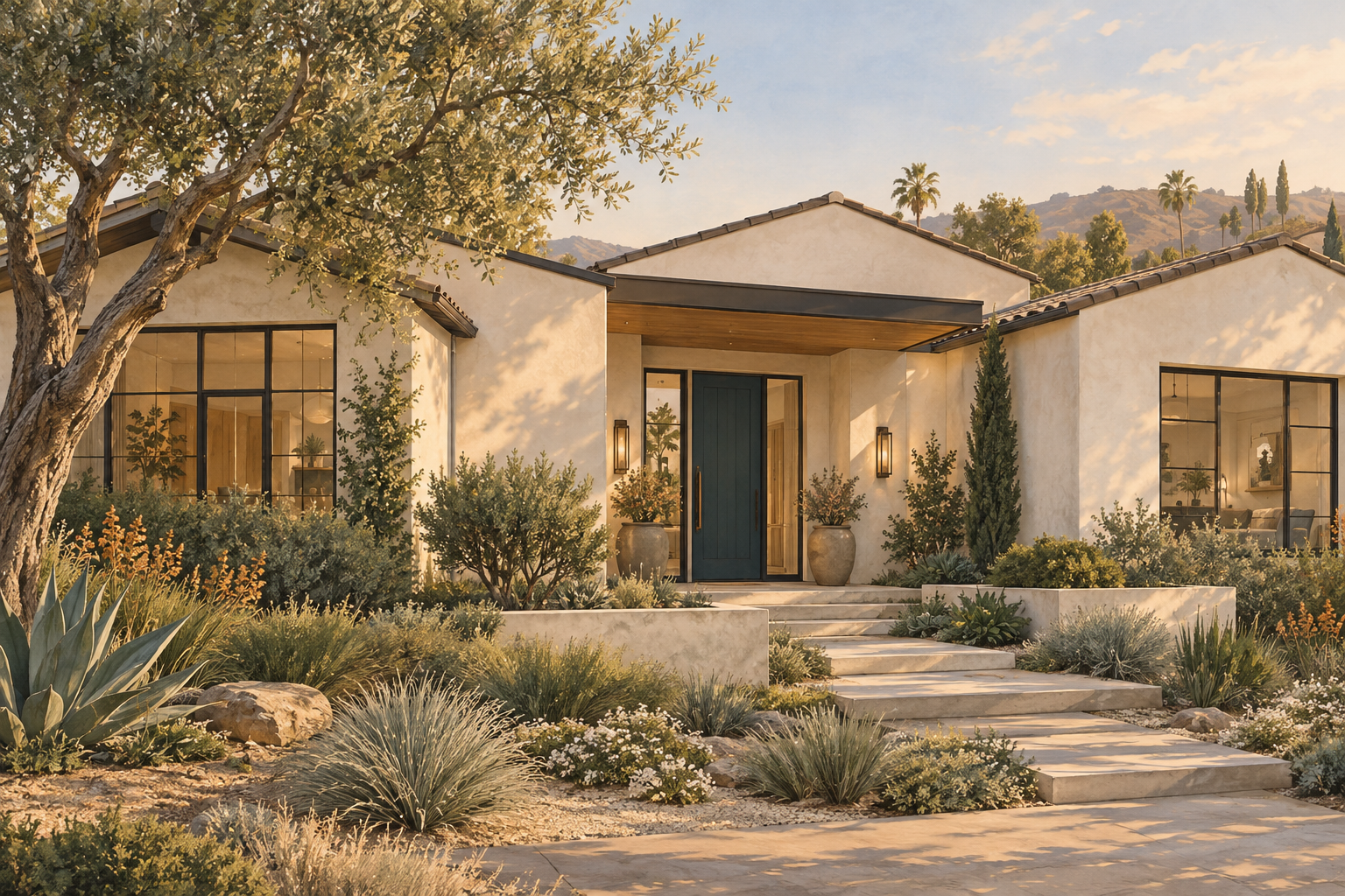 Southern California-style home exterior with landscaped outdoor space.