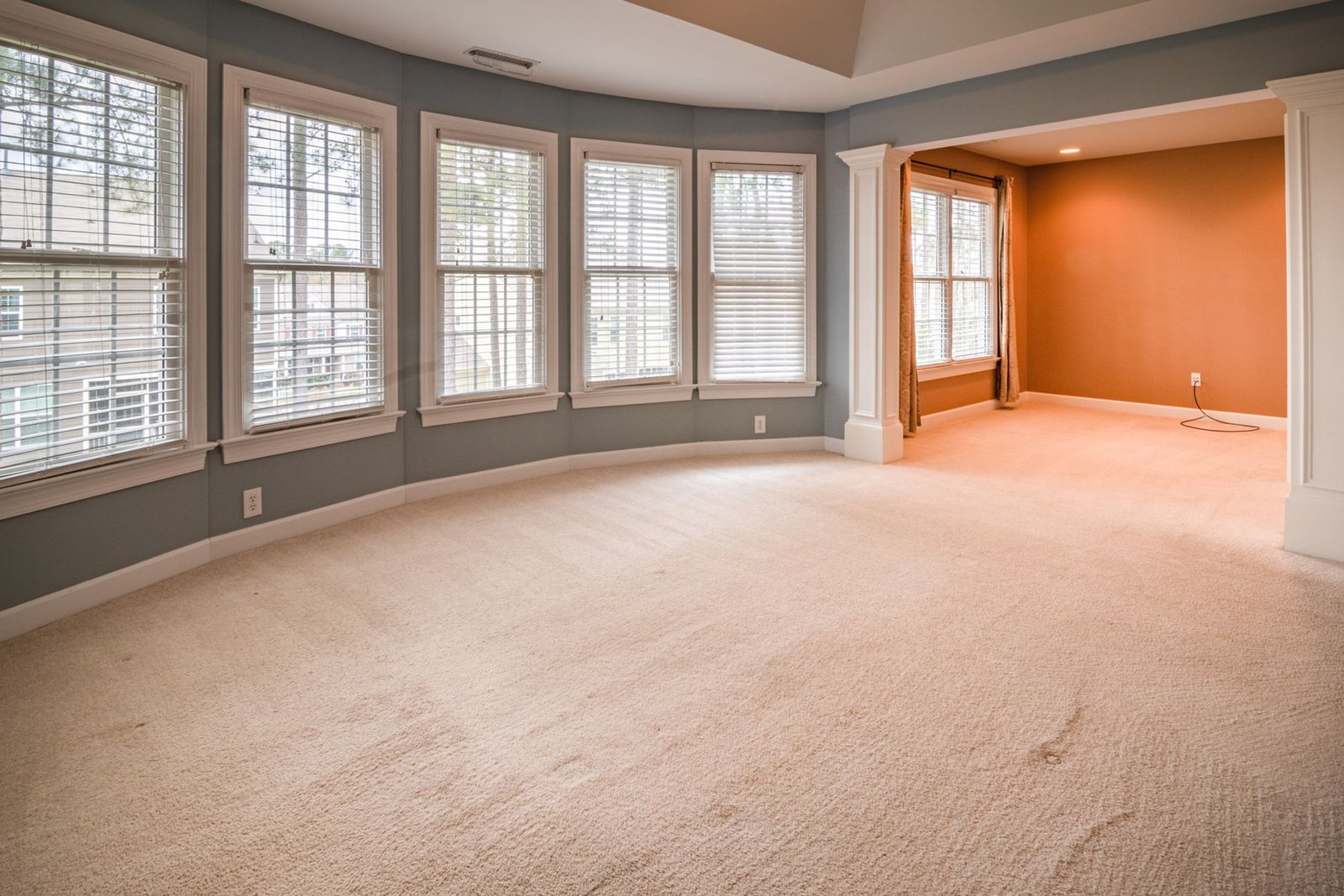 Empty carpeted room with a broad bank of wood-trimmed windows.