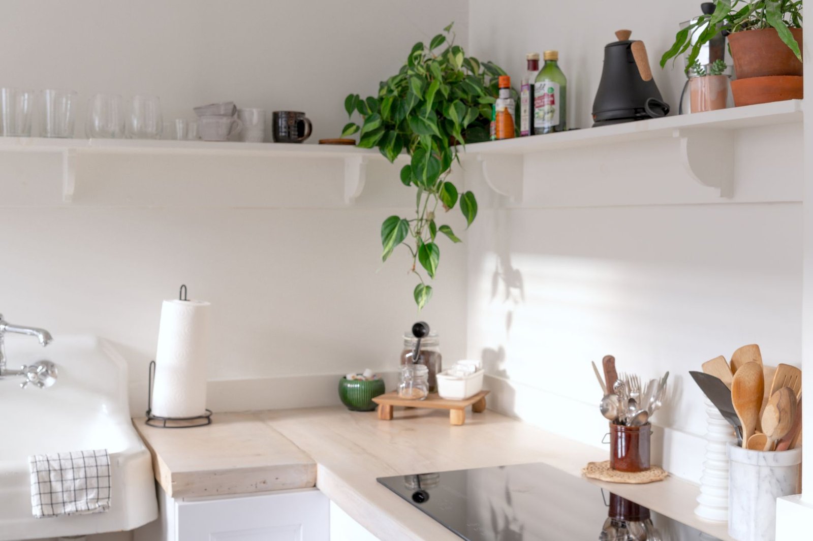White kitchen with open shelves, a cooktop and a clear work counter.