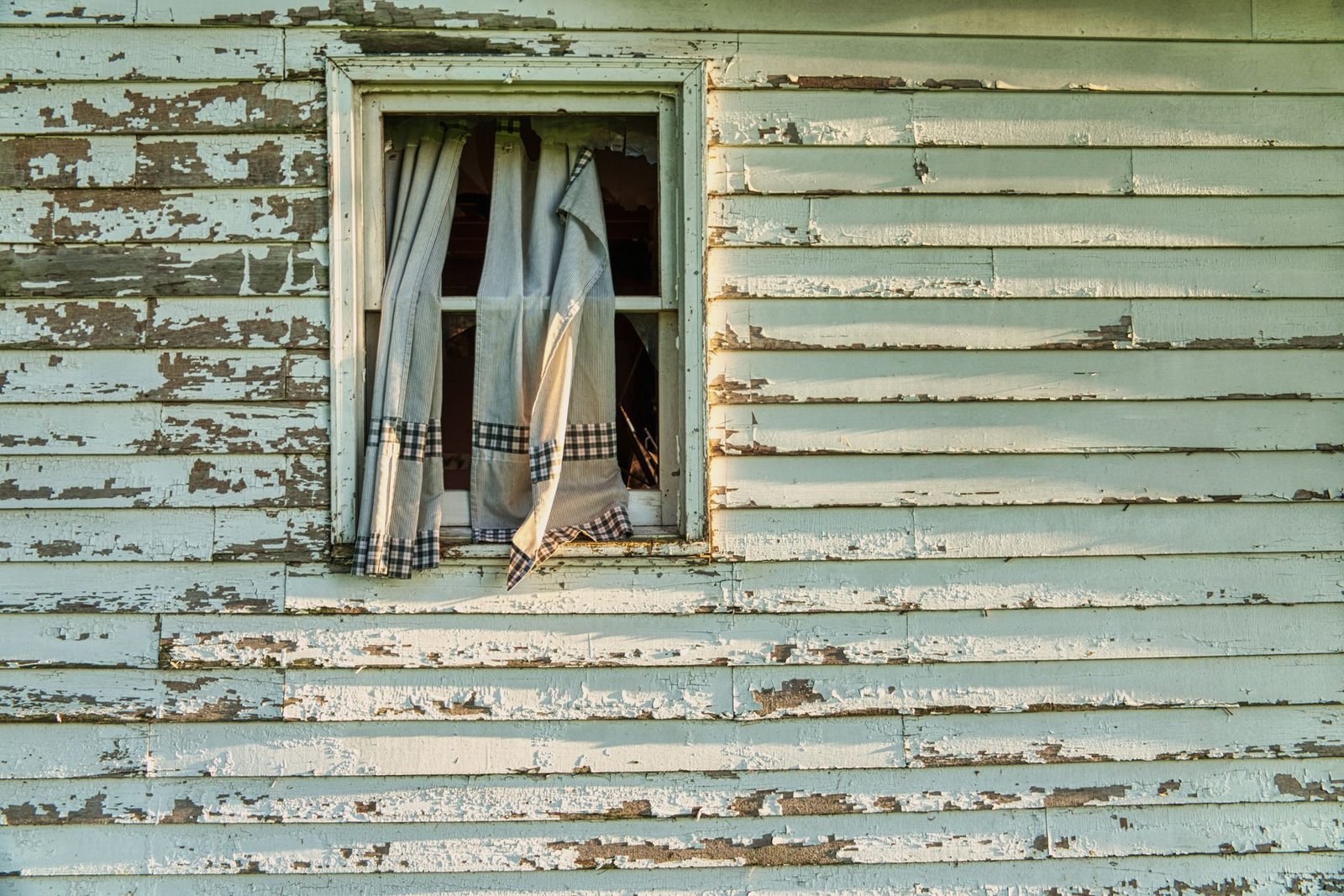 Weathered green wood siding around an open window.