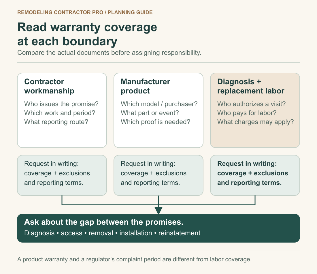 Warranty comparison separates contractor workmanship, manufacturer product coverage and service labor, then identifies diagnosis, access and reinstatement gaps.