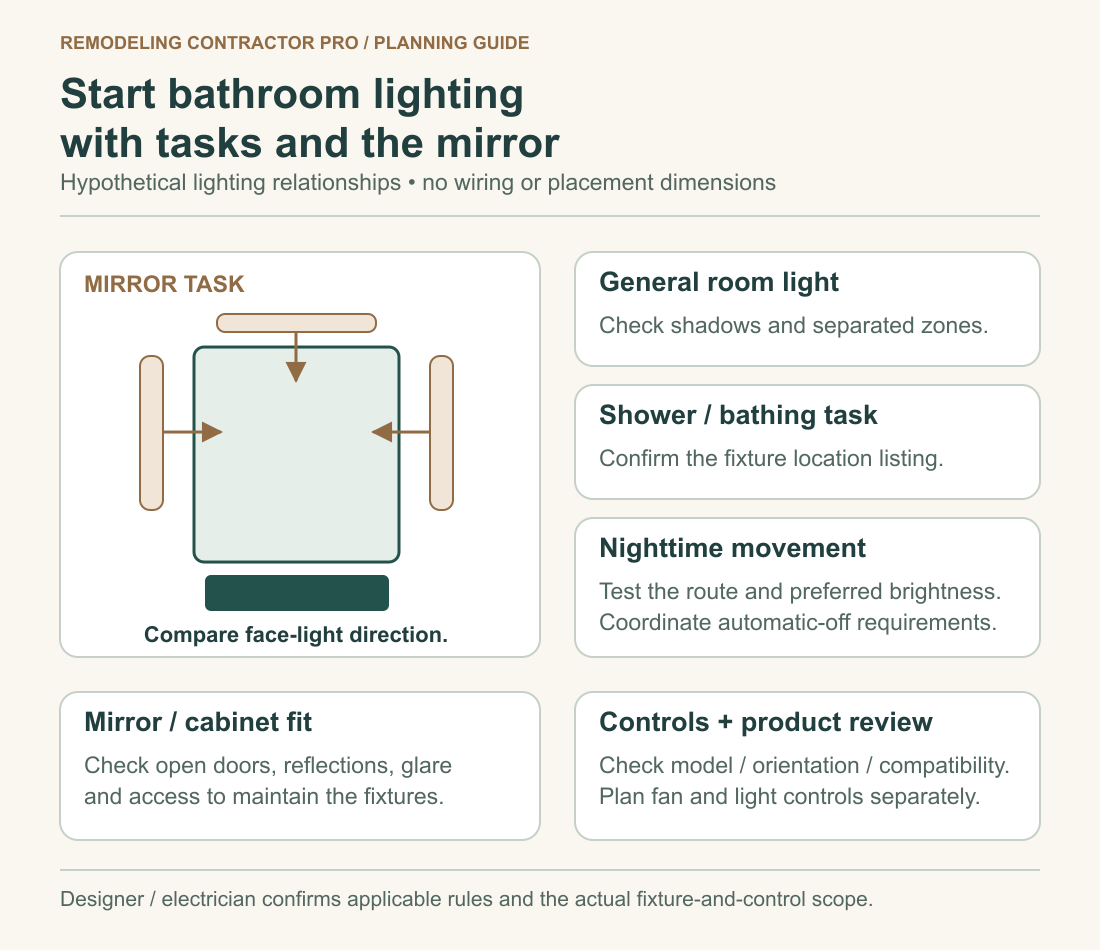 Hypothetical mirror-light directions and room-use zones for general light, bathing tasks and nighttime movement, with separate cabinet, fixture and control checks.