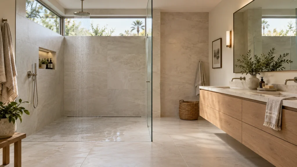 AI-generated bathroom design concept with a flush shower entry, rear linear drain, glass partition and wood vanity.