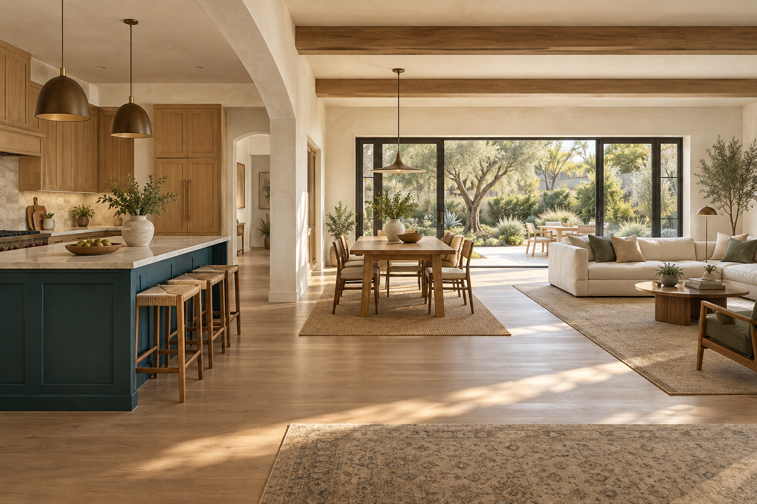 Connected living, dining and kitchen spaces with ivory walls, oak finishes and a teal kitchen island.